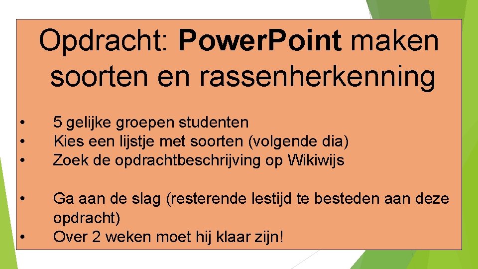 Opdracht: Power. Point maken soorten en rassenherkenning • • • 5 gelijke groepen studenten