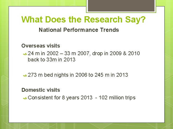 What Does the Research Say? National Performance Trends Overseas visits 24 m in 2002