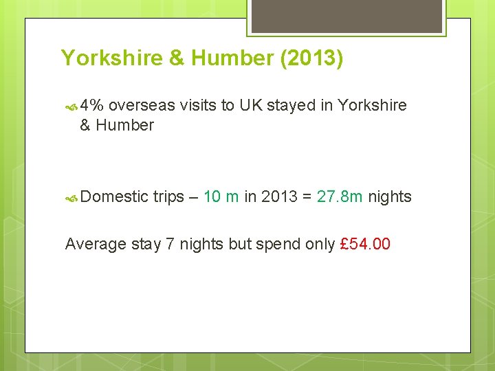 Yorkshire & Humber (2013) 4% overseas visits to UK stayed in Yorkshire & Humber