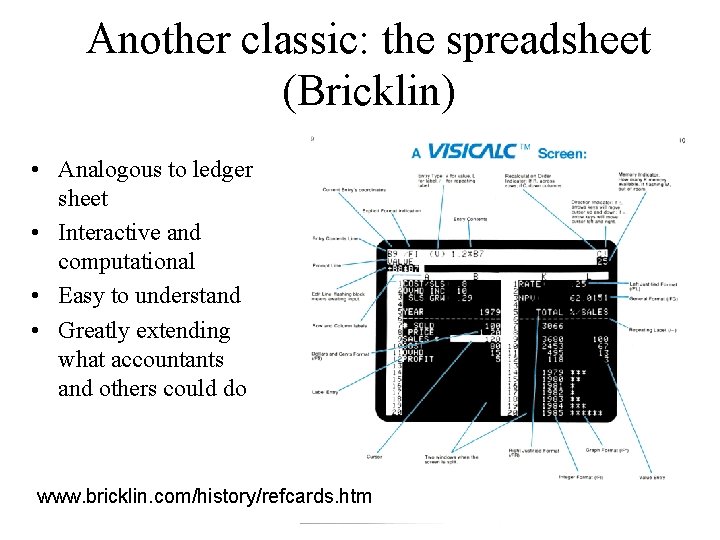 Another classic: the spreadsheet (Bricklin) • Analogous to ledger sheet • Interactive and computational