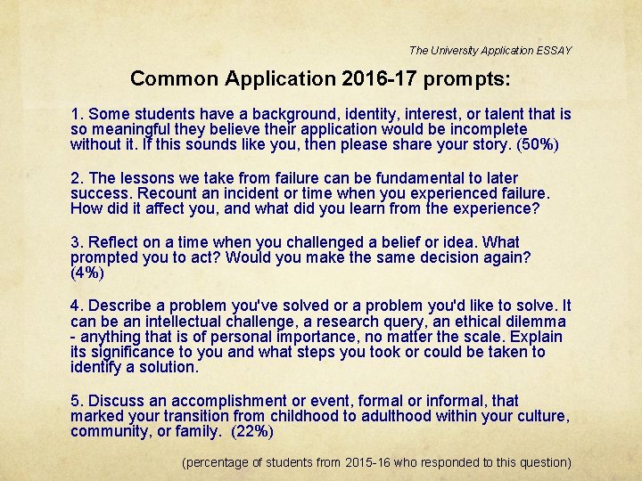 The University Application ESSAY Common Application 2016 -17 prompts: 1. Some students have a