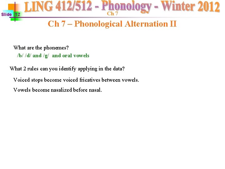 Ch 7 Slide 12 Ch 7 – Phonological Alternation II What are the phonemes? Ch 7 Slide 12 Ch 7 – Phonological Alternation II What are the phonemes?