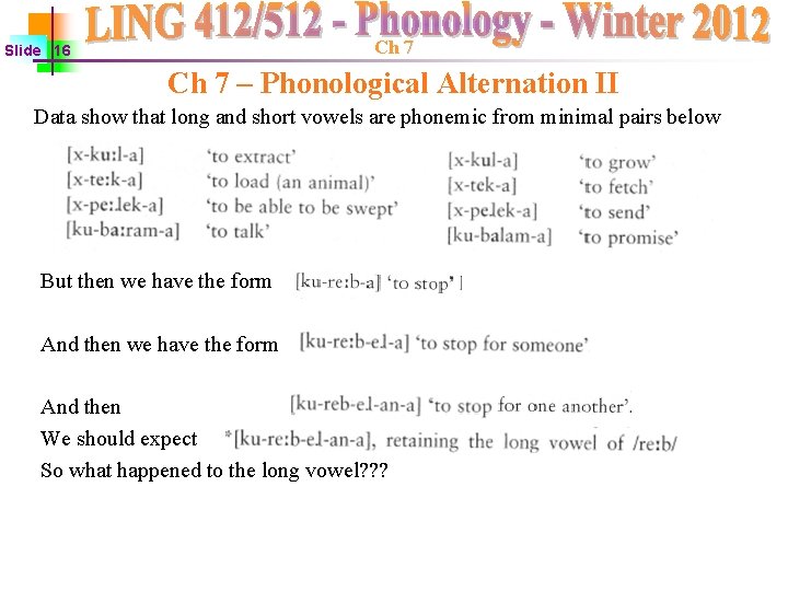 Ch 7 Slide 16 Ch 7 – Phonological Alternation II Data show that long Ch 7 Slide 16 Ch 7 – Phonological Alternation II Data show that long
