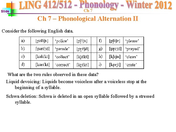 Ch 7 Slide 2 Ch 7 – Phonological Alternation II Consider the following English Ch 7 Slide 2 Ch 7 – Phonological Alternation II Consider the following English