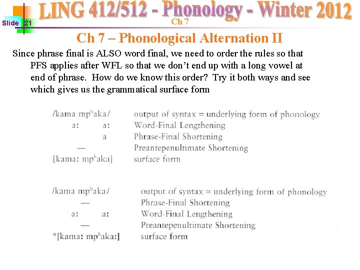 Slide 21 Ch 7 – Phonological Alternation II Since phrase final is ALSO word Slide 21 Ch 7 – Phonological Alternation II Since phrase final is ALSO word