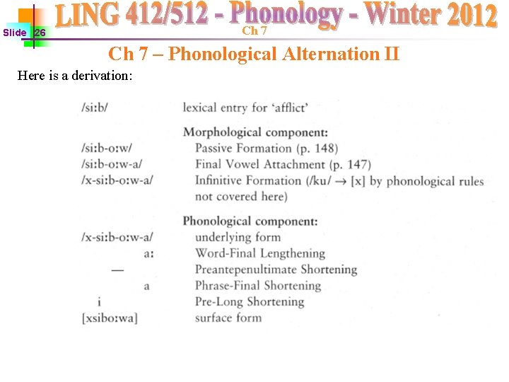 Ch 7 Slide 26 Ch 7 – Phonological Alternation II Here is a derivation: Ch 7 Slide 26 Ch 7 – Phonological Alternation II Here is a derivation: