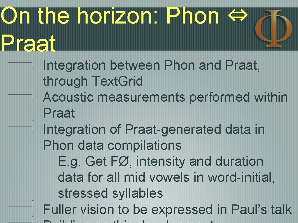 On the horizon: Phon ⇔ Praat Integration between Phon and Praat, through Text. Grid On the horizon: Phon ⇔ Praat Integration between Phon and Praat, through Text. Grid