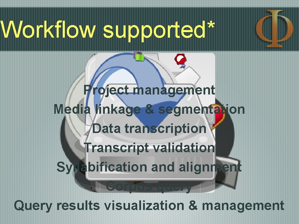 Workflow supported* Project management Media linkage & segmentation Data transcription Transcript validation Syllabification and Workflow supported* Project management Media linkage & segmentation Data transcription Transcript validation Syllabification and