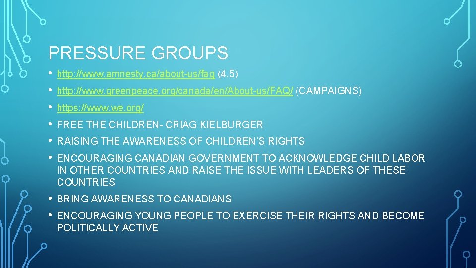 PRESSURE GROUPS • • • http: //www. amnesty. ca/about-us/faq (4. 5) • • BRING