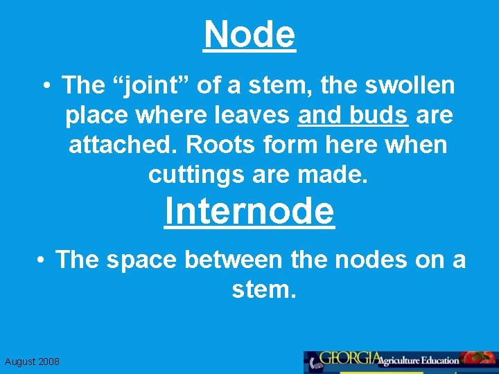 Node • The “joint” of a stem, the swollen place where leaves and buds