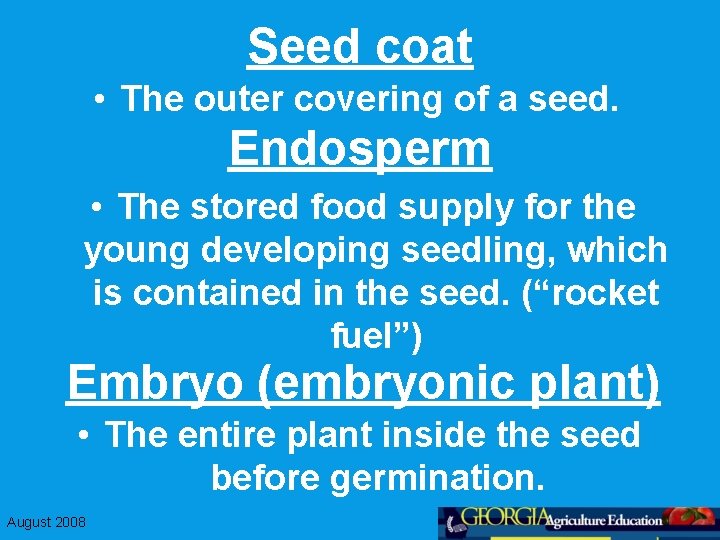 Seed coat • The outer covering of a seed. Endosperm • The stored food
