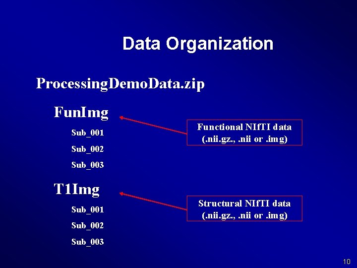 Data Organization Processing. Demo. Data. zip Fun. Img Sub_001 Sub_002 Functional NIf. TI data