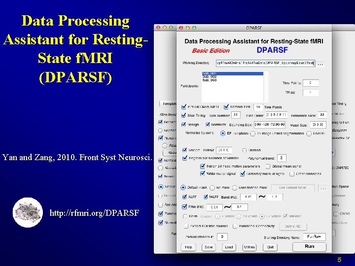 Data Processing Assistant for Resting. State f. MRI (DPARSF) Yan and Zang, 2010. Front