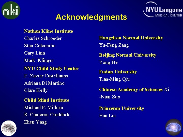 Acknowledgments Nathan Kline Institute Charles Schroeder Stan Colcombe Gary Linn Mark Klinger NYU Child