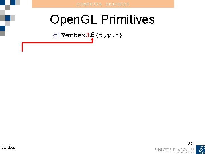 COMPUTER GRAPHICS Open. GL Primitives gl. Vertex 3 f(x, y, z) Jie chen 32