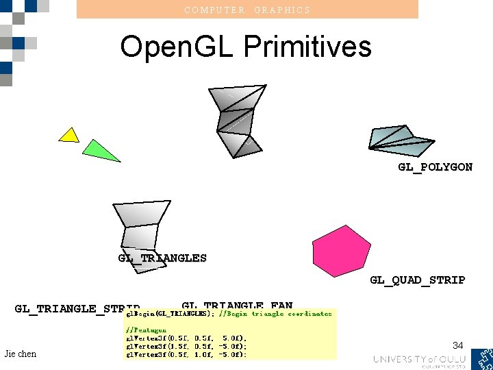 COMPUTER GRAPHICS Open. GL Primitives GL_POLYGON GL_TRIANGLES GL_QUAD_STRIP GL_TRIANGLE_STRIP Jie chen GL_TRIANGLE_FAN 34 