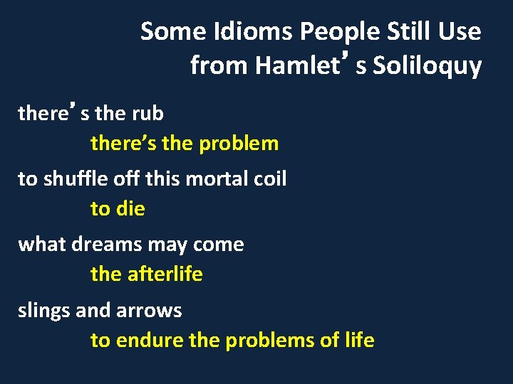 Some Idioms People Still Use from Hamlet’s Soliloquy there’s the rub there’s the problem