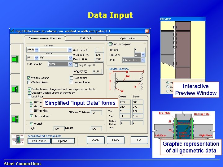 Data Input Interactive Preview Window Simplified “Input Data” forms Graphic representation of all geometric
