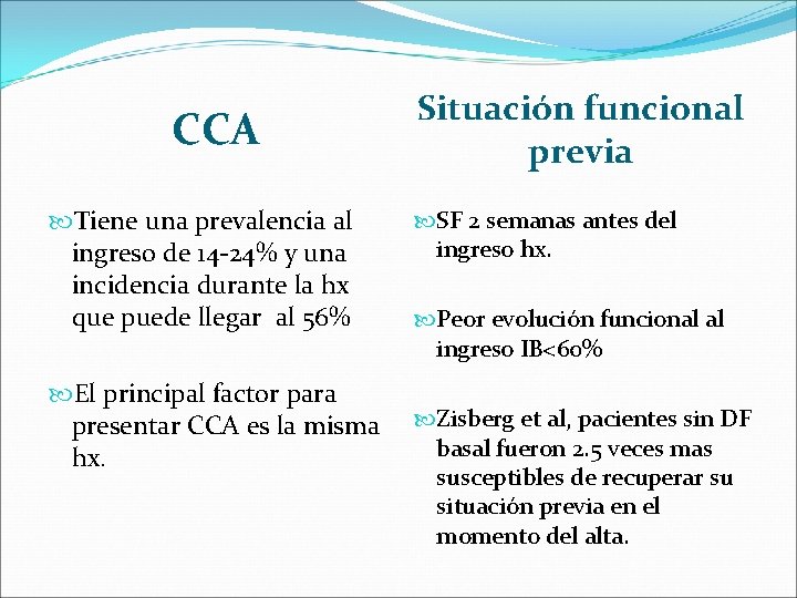 CCA Tiene una prevalencia al ingreso de 14 -24% y una incidencia durante la