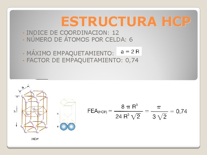 ESTRUCTURA HCP • • INDICE DE COORDINACION: 12 NÚMERO DE ÁTOMOS POR CELDA: 6 ESTRUCTURA HCP • • INDICE DE COORDINACION: 12 NÚMERO DE ÁTOMOS POR CELDA: 6