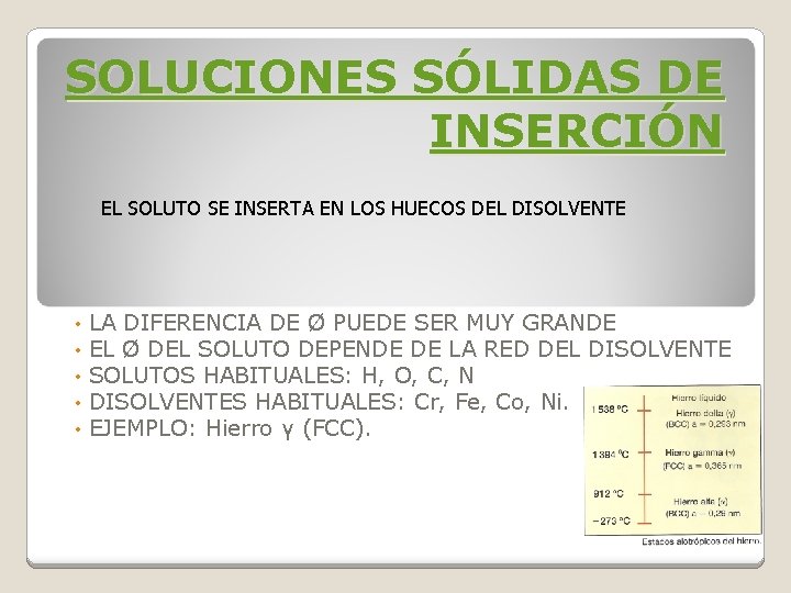 SOLUCIONES SÓLIDAS DE INSERCIÓN EL SOLUTO SE INSERTA EN LOS HUECOS DEL DISOLVENTE • SOLUCIONES SÓLIDAS DE INSERCIÓN EL SOLUTO SE INSERTA EN LOS HUECOS DEL DISOLVENTE •
