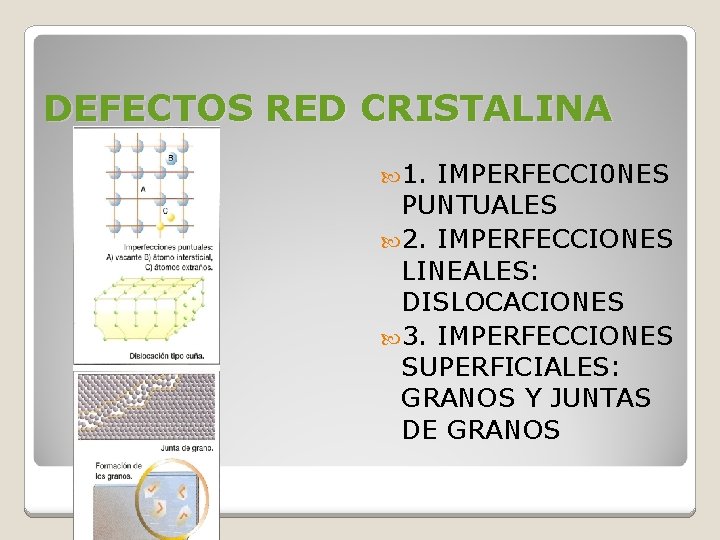 DEFECTOS RED CRISTALINA 1. IMPERFECCI 0 NES PUNTUALES 2. IMPERFECCIONES LINEALES: DISLOCACIONES 3. IMPERFECCIONES DEFECTOS RED CRISTALINA 1. IMPERFECCI 0 NES PUNTUALES 2. IMPERFECCIONES LINEALES: DISLOCACIONES 3. IMPERFECCIONES