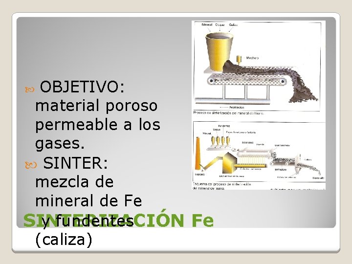 OBJETIVO: material poroso permeable a los gases. SINTER: mezcla de mineral de Fe y OBJETIVO: material poroso permeable a los gases. SINTER: mezcla de mineral de Fe y