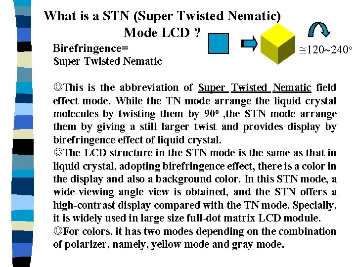 What is a STN (Super Twisted Nematic) Mode LCD ? Birefringence= Super Twisted Nematic