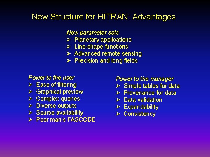 New Structure for HITRAN: Advantages New parameter sets Ø Planetary applications Ø Line-shape functions New Structure for HITRAN: Advantages New parameter sets Ø Planetary applications Ø Line-shape functions