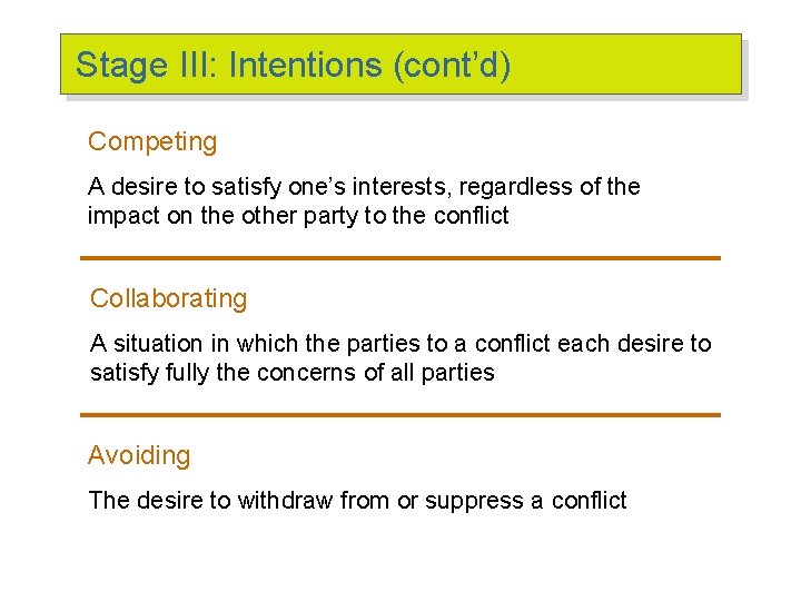 Stage III: Intentions (cont’d) Competing A desire to satisfy one’s interests, regardless of the