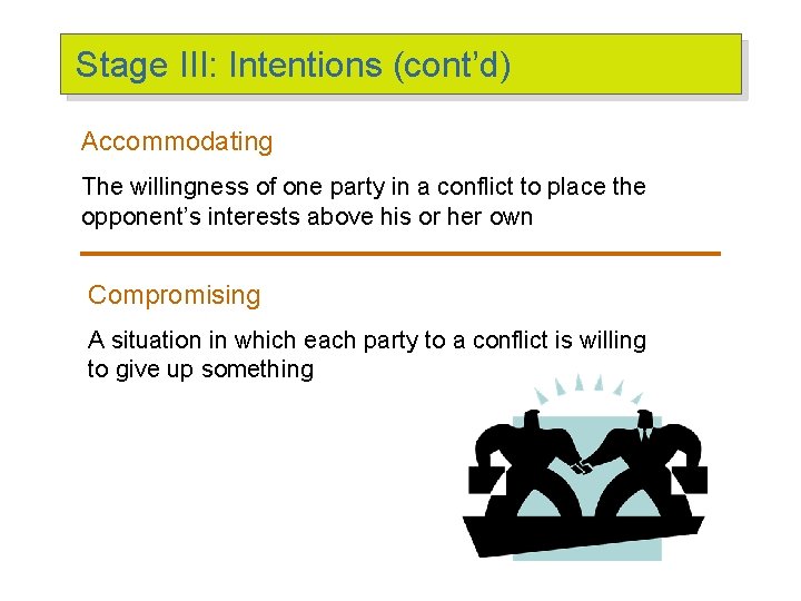 Stage III: Intentions (cont’d) Accommodating The willingness of one party in a conflict to