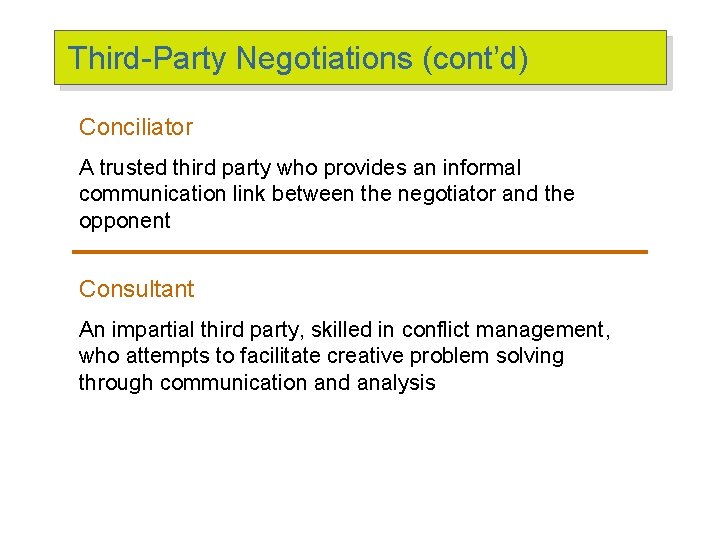 Third-Party Negotiations (cont’d) Conciliator A trusted third party who provides an informal communication link