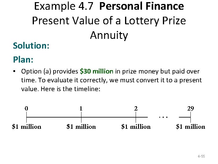Example 4. 7 Personal Finance Present Value of a Lottery Prize Annuity Solution: Plan: Example 4. 7 Personal Finance Present Value of a Lottery Prize Annuity Solution: Plan: