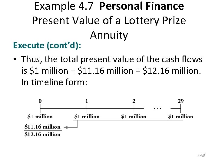 Example 4. 7 Personal Finance Present Value of a Lottery Prize Annuity Execute (cont’d): Example 4. 7 Personal Finance Present Value of a Lottery Prize Annuity Execute (cont’d):