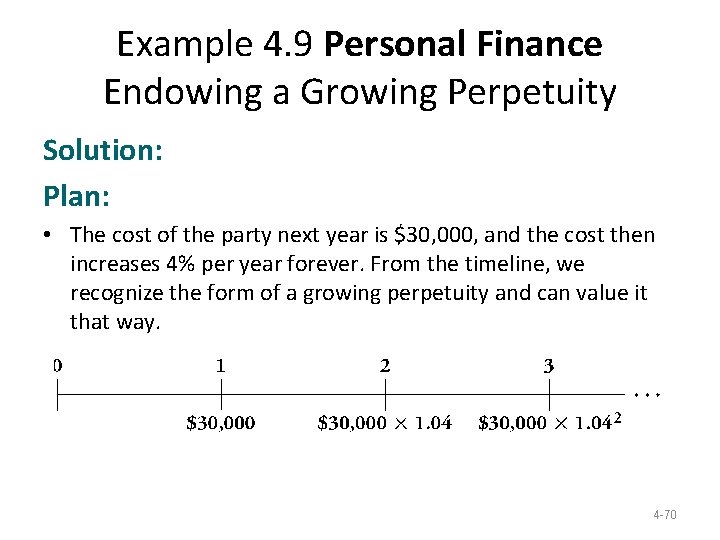 Example 4. 9 Personal Finance Endowing a Growing Perpetuity Solution: Plan: • The cost Example 4. 9 Personal Finance Endowing a Growing Perpetuity Solution: Plan: • The cost
