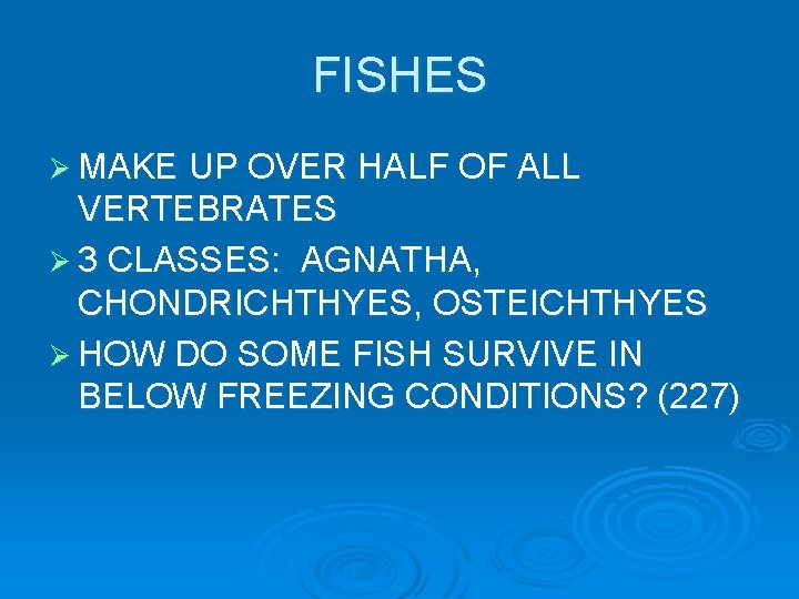 FISHES Ø MAKE UP OVER HALF OF ALL VERTEBRATES Ø 3 CLASSES: AGNATHA, CHONDRICHTHYES, FISHES Ø MAKE UP OVER HALF OF ALL VERTEBRATES Ø 3 CLASSES: AGNATHA, CHONDRICHTHYES,