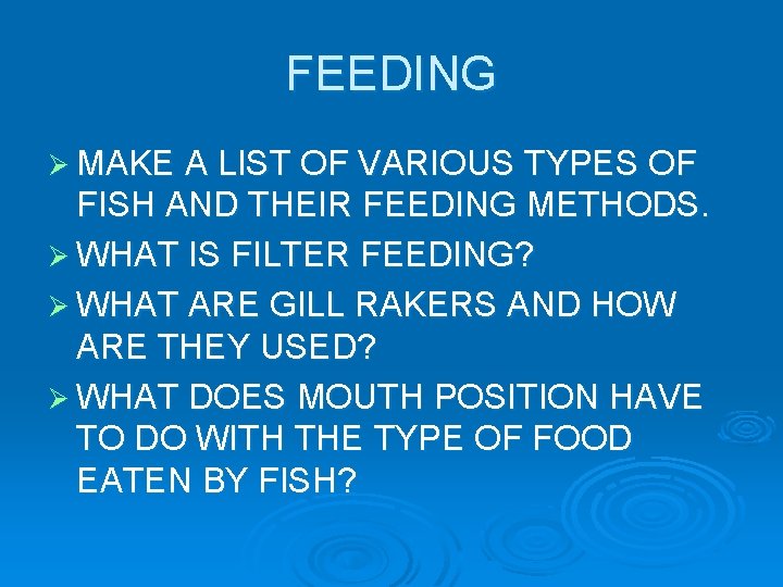 FEEDING Ø MAKE A LIST OF VARIOUS TYPES OF FISH AND THEIR FEEDING METHODS. FEEDING Ø MAKE A LIST OF VARIOUS TYPES OF FISH AND THEIR FEEDING METHODS.