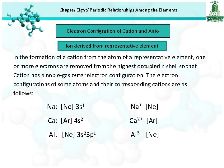 Chapter Eight/ Periodic Relationships Among the Elements Electron Configration of Cation and Anio Ion