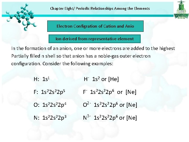 Chapter Eight/ Periodic Relationships Among the Elements Electron Configration of Cation and Anio Ion