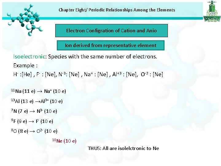 Chapter Eight/ Periodic Relationships Among the Elements Electron Configration of Cation and Anio Ion