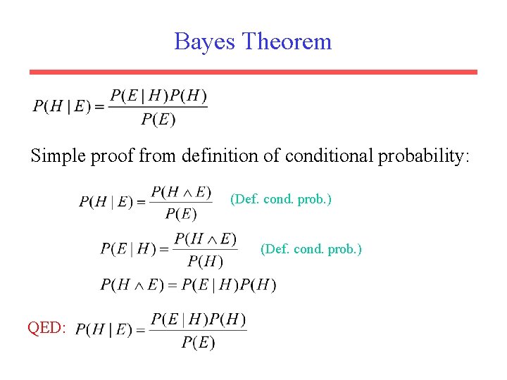Bayes Theorem Simple proof from definition of conditional probability: (Def. cond. prob. ) QED: