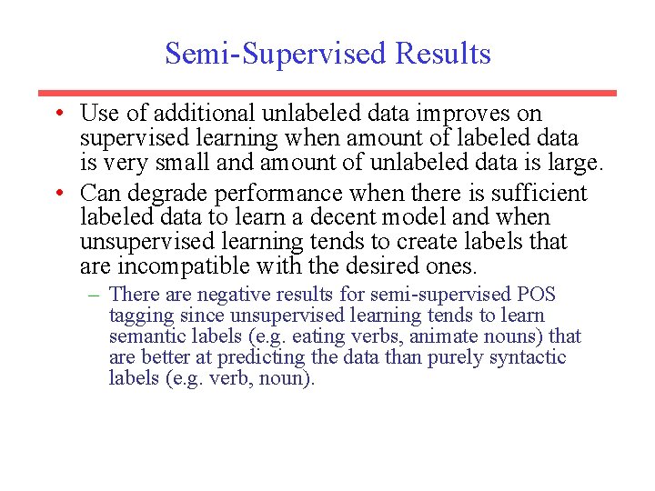 Semi-Supervised Results • Use of additional unlabeled data improves on supervised learning when amount
