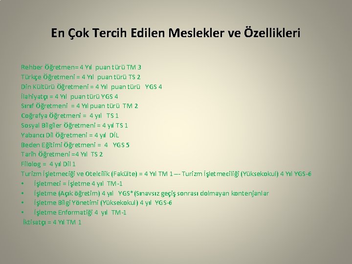 En Çok Tercih Edilen Meslekler ve Özellikleri Rehber Öğretmen= 4 Yıl puan türü TM