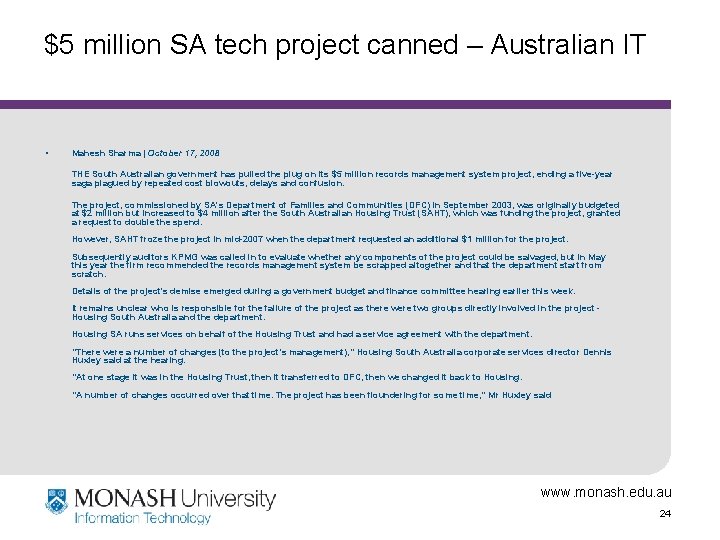 $5 million SA tech project canned – Australian IT • Mahesh Sharma | October