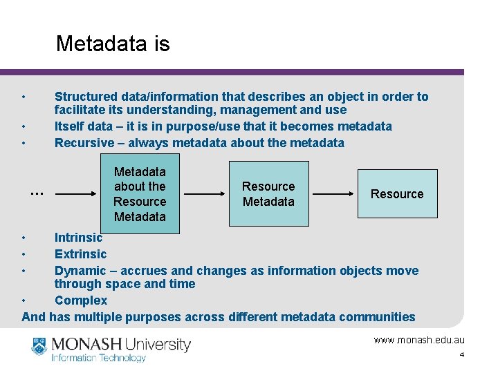 Metadata is • Structured data/information that describes an object in order to facilitate its