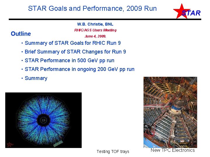 STAR Goals and Performance, 2009 Run STAR W. B. Christie, BNL Outline RHIC/AGS Users