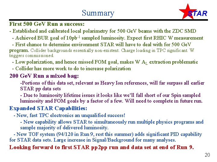 Summary STAR First 500 Ge. V Run a success: - Established and calibrated local