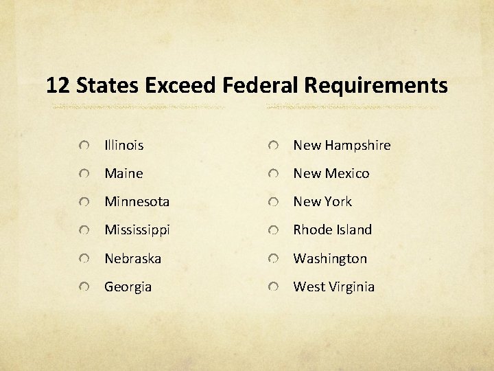 12 States Exceed Federal Requirements Illinois New Hampshire Maine New Mexico Minnesota New York