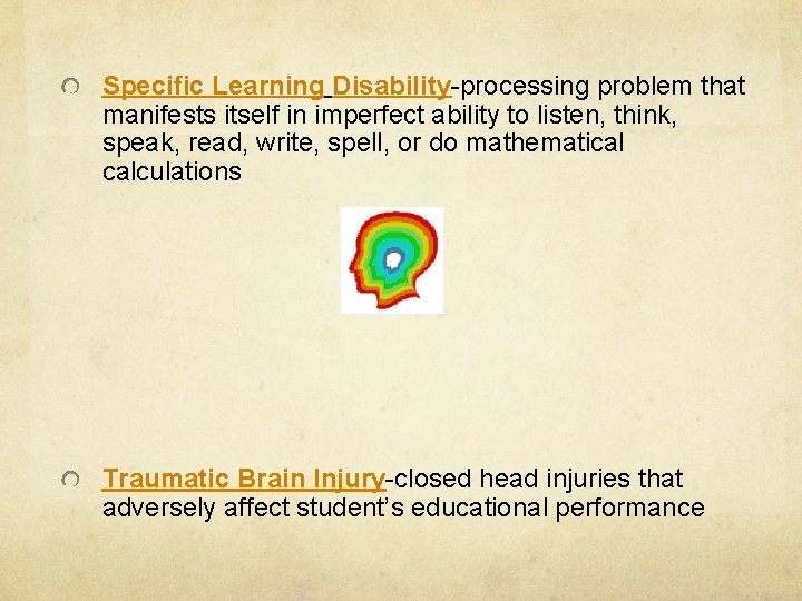 Specific Learning Disability-processing problem that manifests itself in imperfect ability to listen, think, speak,
