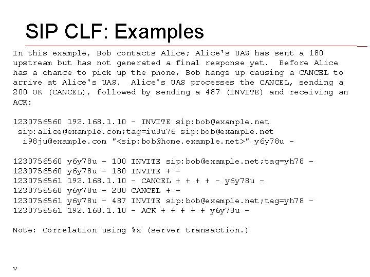 SIP CLF: Examples In this example, Bob contacts Alice; Alice's UAS has sent a